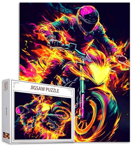 Motorradfahrer 1000 Stück Puzzles Erwachsene Abstraktes Feuer Motorrad Malerei Jigsaw Puzzle Motorradfahrer Puzzle für herausfordernde Familienaktivität Nordics Kunst DIY Puzzle Decor Geschenke (bunt)