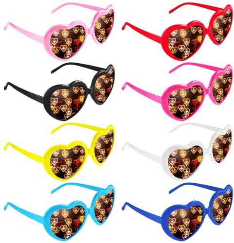 GOMETY 8 Stück Herz Effekt Brille, 3D Heart Glasses Beugungs Brille, Herzförmige Sonnenbrille für Fasching Musikfestivals Party Bar Feuerwerk Musik im Freien Party Bar Kostümfest