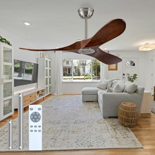 Deckenventilator, 106,7 cm, ohne Lichter, tiefer Walnuss, leiser DC-Motor, Deckenventilator aus Holz, 2 Down-Stangen, Timer, 6 Geschwindigkeiten für Wohnzimmer