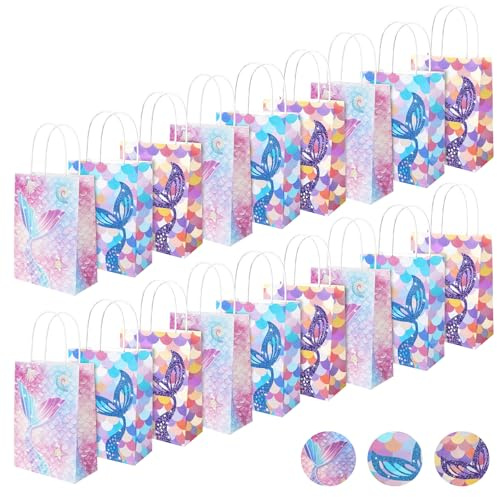 AMFUN 18 Stück Meerjungfrau Party Taschen, Meerjungfrau Papiertüten mit Henkel, Meerjungfrau Gastgeschenke Tüten, Mitgebseltüten, Meerjungfrau Geschenktüten mit Aufklebern, 15 * 8 * 21 cm