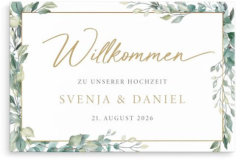 Willkommensschild Hochzeit Hochzeitsschild personalisierte Leinwand Herzlich Willkommen Schild Dekoration (40x60 cm | Ohne Staffelei) (Goldener Rahmen & Blätter)