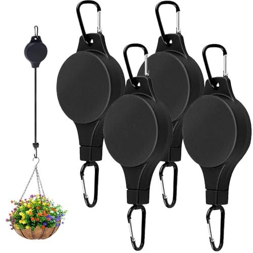 Hanging Basket Pulley, Adjustable Retractable Heavy Duty Plant Hanger Hook, Plant Pulley System for Watering Hanging Baskets, Bird Feeders & Outdoor Planters (4PCS)