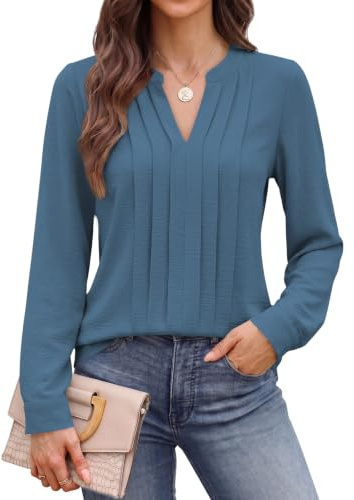 Cuptacc damblusar långärmad v-ringad toppar eleganta affärskläder | Höst, vår, elegant, snygg, ledig, mode, företag, arbete, kläder, veckad, chiffong, gå ut, lös, chic,bas