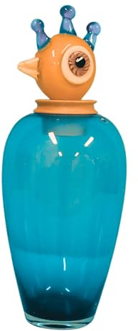 Handgefertigte Design-Vase (45 cm) aus durchgefärbtem, türkisem Glas mit dekorativem Holzaufsatz in Vogeloptik (Papageno).Jede Vase EIN Unikat stilvoll, farbintensiv und exquisit verarbeit.