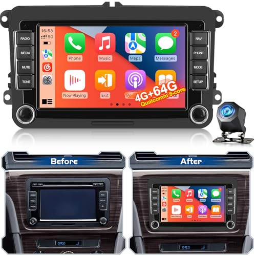 Radio Android Qualcomm Octa‑Core 4+64G para VW Golf Passat Jetta Tiguan Polo Caddy, Seat, Skoda – CarPlay Android Auto, Pantalla táctil IPS, DSP, GPS, Plug & Play + Cámara de Marcha atrás