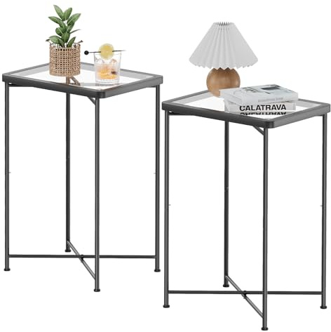 Garden 4 you Small Side Table, Glass End Table Set of 2, Black Outdoor Side Table with Metal Frame, Mini Bedside Table for Living Room, Bedroom, Patio, Small Space, 2pcs