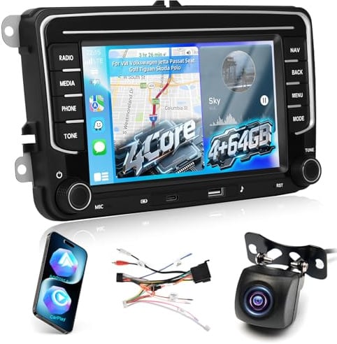 4G+64G Autoradio per VW Volkswagen Jetta Passat Seat Golf Tiguan Skoda Polo, 7 Pollici Touchscreen Senza Fili Carplay & Android Auto RADIO con Bluetooth5.0/32EQ/GPS/WiFi/FM RDS Radio