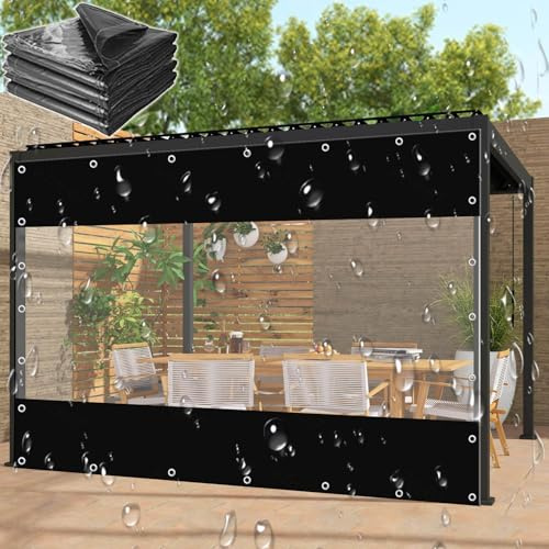 Cortinas De Lona Exterior Con Puerta Cremallera,Pérgola Cenador Paneles Laterales De Lona Transparente Negra 100% Impermeable,Lona De Plástico Pvc De 0,3mm,Con Ojales,0Zip-3.5×2.5m(11.5*8.2ft)