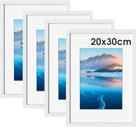 DTXDTech Bilderrahmen 20x30 cm 4 Stück, 8x12 Zoll Weißer Holz Fotorahmen, Bilderrahmen mit Passepartout (20x15.3 cm Ausschnitt), Zertifikatrahmen für Wandhalterung, Tischdekoration Weißer