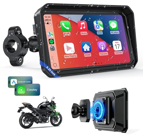 WonVon CarPlay 6.25 Pouces Système de Navigation GPS pour Moto avec Apple CarPlay et Android Auto écran Portable avec Double Bluetooth, Navigation, Siri, Google Assistant Support magnétique