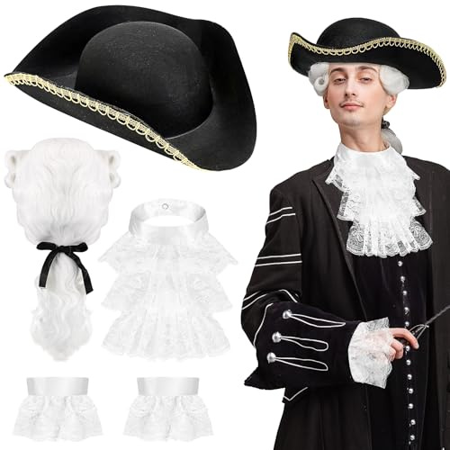 HFZCV Edelmann Barock Kostüm Herren Set, 4-Teilig mit Dreispitz Hut, Weißer Perücke, Jabot & Manschetten, Ideal für Renaissance, Mozart, Pirat, Kolonialzeit, Karneval, Halloween, Motto-Party