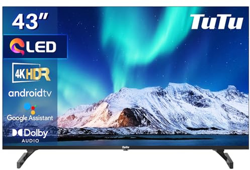 TuTu TUQ43UN1 Smart TV 43 Pulgadas, 4K UHD QLED Android Televisor | con HDR, WiFi, Bluetooth, Dolby Audio, Google Assistant, Sintonizador Digital DVB-T/T2-C-S/S2, HDMI, 60HZ