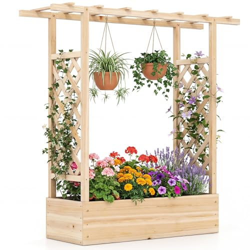 COSTWAY Cama de Jardín Elevada de Madera Abeto con Enrejado y Techo Colgante, Agujeros de Drenaje, Jardinera Exterior Grande para Plantas Trepadoras, Maceta de Enrejado, 110 x 35 x 114 cm (Natural)