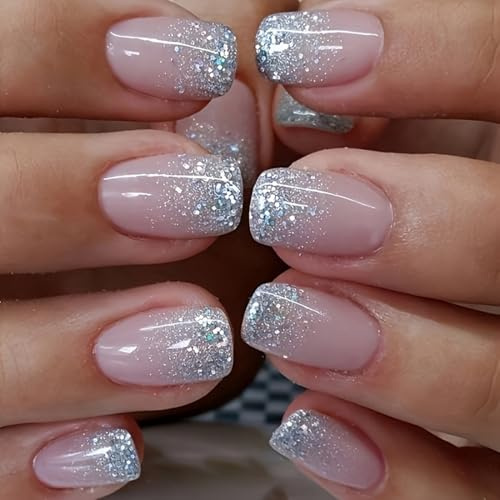 24PCS Press on Nails Short Square, Nude Pink Silver Glitter French Tip False Nails, Glossy Full Cover Acrylic Stick on Nails Reusable for Women with Nail Glue & File