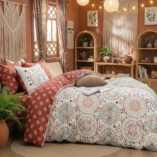 Lanqinglv Bettwäsche 135x200 cm Boho Bohemian Blumen Wendebettwäsche Rot Weiß Mandala Böhmisch Bettbezug mit Reißverschluss und 1 Kissenbezug 80x80,ÖkoTex Bettwäsche für Allergiker Geeignet