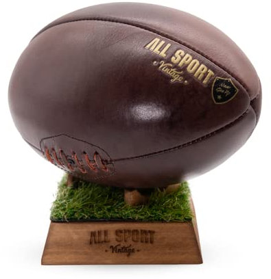 ALL SPORT VINTAGE - Ballon De Rugby Et Socle Gazon - Chocolat - Cuir De Vachette - Cousu Main - Marque Française