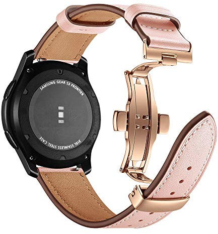 AISPORTS Bracelet en cuir pour montre Samsung Galaxy Watch 46 mm/Gear S3 Classic/Frontier 22 mm avec boucle papillon pour montre connectée Samsung Galaxy 46 mm/Gear S3 Rose