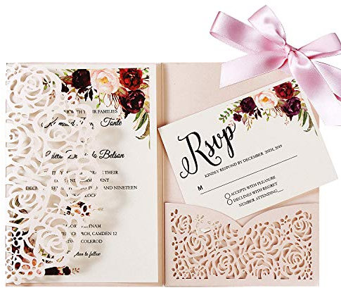 KUCHYNEE Hochzeitseinladungskarten Mit Umschlägen -20 Stück Lasercut Spitze Tri-Fold Seidenband Brautpartys Hochzeiten Einladungskarten inkl Umschläge (Erröten Rosa)