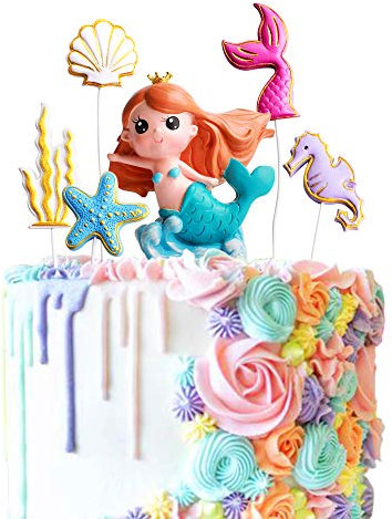 1 Set Mermaid Cake Toppers Mermaid Starfish Seaweed Seahorse Shell Mermaid Tail Cake Topper for DIY Cake Decoration Birthday Party Accessories