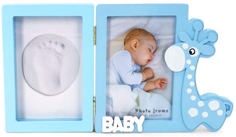 DISOK - Holzrahmen + Fingerabdruck Giraffe Blau Andenken Fußabdruck Baby Junge zur Taufe