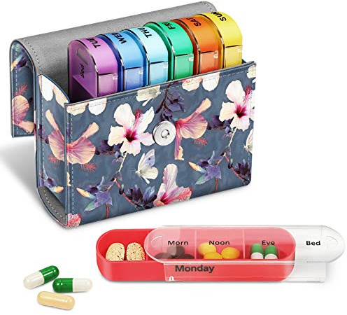 FINPAC Weekly Pill Box 4 Times A Day with PU Leather Case, Hibiscus | 7 Day Tablet Organiser, Slide-Open Travel Medicine Storage Box with Name Card, for Holding Supplements, Medication, Vitamins