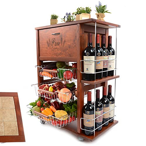 Kasalingo Carrello Porta Frutta e Verdura con portapane 56,5x37,3 h 82,2 in Legno, portavino carrello da cucina con ripiano multiuso 100% Made in Italy. (Ciliegio)