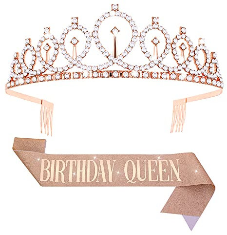 Aster Geburtstags Krone und Schärpe, Rose Gold Strass Geburtstag Tiara Queen Schärpe für Frauen Mädchen, Kristall Tiara Prinzessin Kronen für Alles Gute zum Geburtstag Party Favor