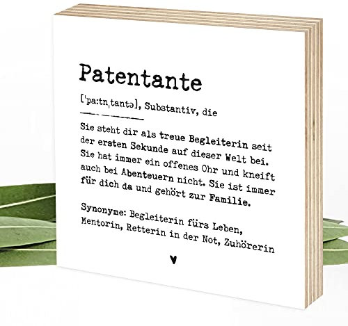 Wunderpixel® Holzbild Definition Patentante - 15x15x2cm zum Hinstellen/Aufhängen, echter Fotodruck mit Spruch auf Holz - schwarz-weißes Wand-Bild Aufsteller Zuhause Büro zur Dekoration Geschenk-Idee