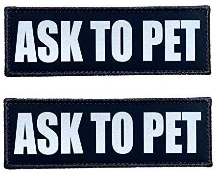 Black Reflective Dog Patches 2 Pack Service Dog ，in Training， DO NOT PET, Tags with Hook and Loop Patches for Vests and Harnesses (Ask to PET, 5x1.5 inch)