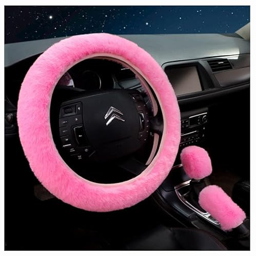 Egurs 3er Set Lenkradbezug Plüsch Auto Winter Warm Lenkradhülle Rosa | Weiche Auto Innenausstattung, Schützt Hände und Lenkrad, Passend für viele Fahrzeuge mit Praktischem Set Design