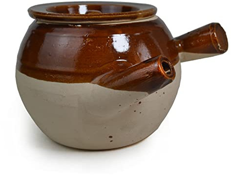 Casseruola, pentola di terracotta, resistente al calore, fatta a mano, cottura a terra, servire con coperchio, beccuccio per zuppa (marrone 1800)
