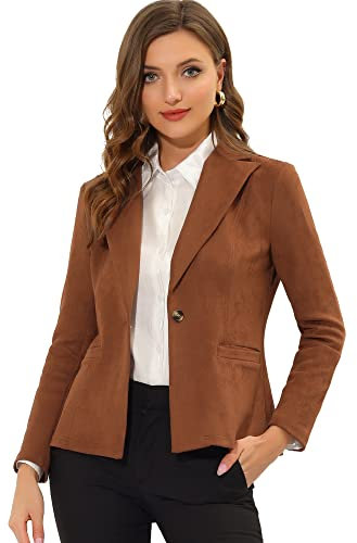 Allegra K Giacca da donna in finta pelle scamosciata con risvolto a maniche lunghe da lavoro, Caramello, 40