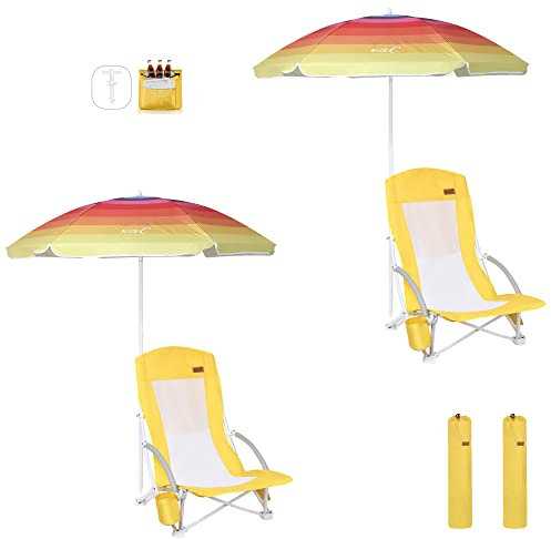 Nice C Lot de 2 chaises de plage pour adultes avec parasol et glacière, dossier haut, porte-gobelet, sac de transport, compact et robuste pour extérieur, camping (lot de 2, jaune)