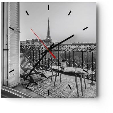 Modern Wanduhr Schwarzweiß Paris Balkon 40x40cm Quadrat Groß Wand Uhr Glas Analog Zimmeruhren Küche Büro Wohnzimmer Glasuhr Wall Clock Dekoration Design Wanddekoration Küchenuhr C3AC40x40-4595