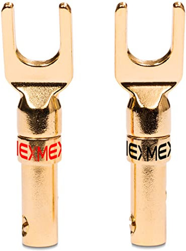 Kabelschuhe NEXMEX High End 2X Stecker für Lautsprecherkabel Gabelschuhe Steckverbinder für Kabel bis 6mm² 24K vergoldet löt- oder schraubbar Flexibler Anschluss für HiFi-Boxen Verstärker Endstufen
