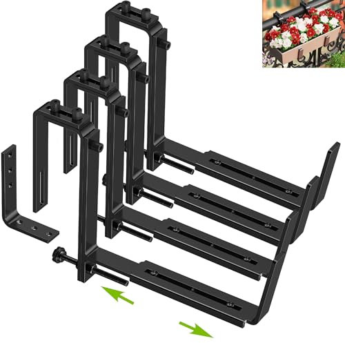 Y&M Window Box Brackets, Heavy Duty Iron Adjustable Planter Flower Box Brackets for Railings, Perfect for Balconies, Fences, and Gardens（4 Packs）