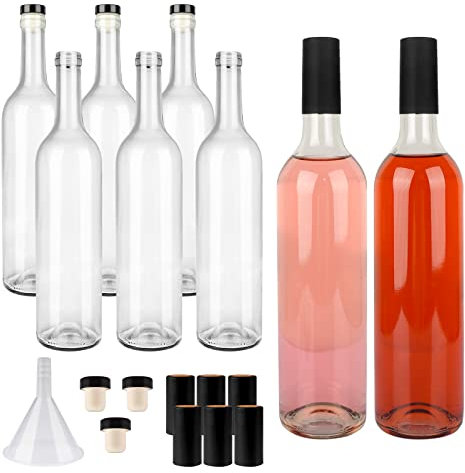 GUANENA 8 Pack 750ml Clear Glass Bottles with Cork Lids and PVC Shrink Capsules, Empty Home Brewing Wine Bottles with Funnel for Sparkling Wine, Juice, Kombucha, Beverages