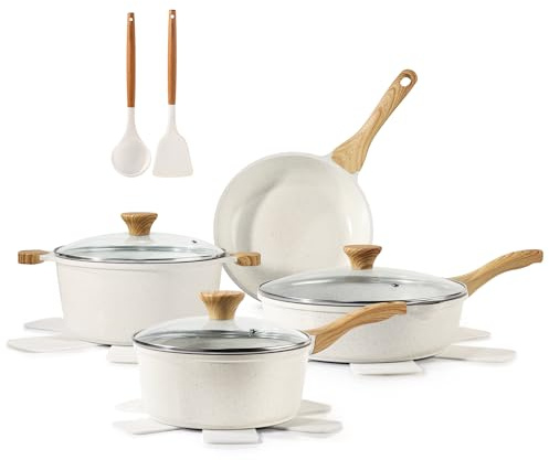 SENSARTE Set di pentole in ceramica antiaderente, set da 13 pezzi di pentole e padelle atossiche, set da cucina salutare con manici che rimangono freschi, strumenti in silicone e protezioni per