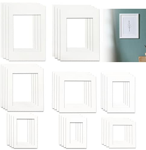 Lechengjia 32 Stücke Passepartout Karton, 8 Größen von Bild Foto Rahmen Halterungen Matten für Home Studio (Iced White, Off White)
