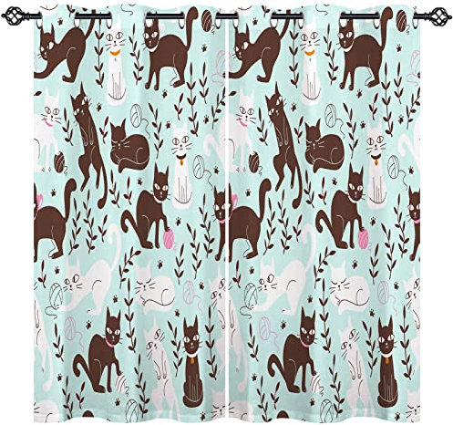 ANHOPE Cat Curtains Eyelet Soft Thermal Blackout Curtains Doodle Style Cute Cartoon Animal Cats Print Pattern Ring Top Soundproof Window Drapes for Kids Bedroom Living Room 46 x 54 Inch Drop 2 Panels