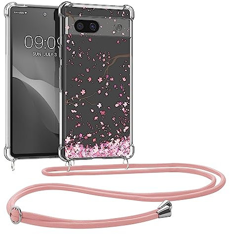 kwmobile Necklace Case kompatibel mit Google Pixel 7a Hülle - Silikon Cover mit Handykette - Rosa Dunkelbraun Transparent Kirschblütenblätter