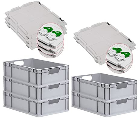 PROREGAL SuperSparSet 5x Eurobox NextGen Economy mit Scharnierdeckel & grünen Verschlüssen | Griffe offen | HxBxT 17x40x60cm | 34 Liter | Eurobehälter Transportbox Transportbehälter Stapelbehälter