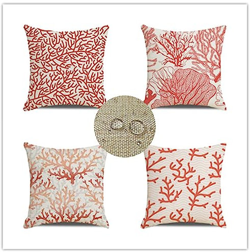 Kissenbezugen wasserdichte 4 Stück Dekorativ Rot Outdoor Lounge Kissen, Wasserdichtes Leinen Koralle Kreatur Muster Kissenhülle, für Sommer Balkon Terrasse Garten Bauernhaus Dekor 45x45cm JW-4001