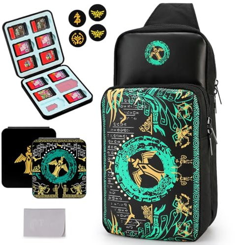 Owngen Sac de Voyage pour Nintendo Switch/Lite/OLED, pour Zelda Tears of The Kingdom - Bandoulière Portable - Accessoires de Rangement - Sac à Dos avec Joli étui pour Cartes de Jeu, 4 Capuchons pour
