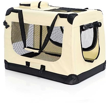 Fudajo Faltbare Transportbox für Hunde, Katzen XL (82x56x58cm), robust, leicht, sicher, Hundebox mit Tragegriff und Decke, Beige
