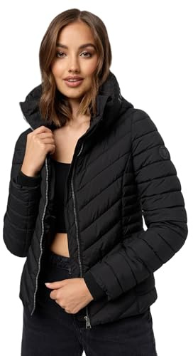 MARIKOO Damen Stepp Jacke gesteppte warme Übergangsjacke Kapuze B957 [B957-Kagom-Schwarz-Gr.XL]