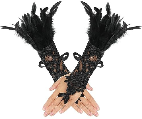 COMNICO Damen-Handschuhe mit Federspitze, Lange Schwarze Gothic-Netzhandschuhe Fingerlose Hexenhandschuhe Ärmel für Hochzeit, Halloween, Party