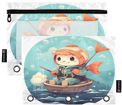 Binder Pencil Pouch 3 Ring Zipper Clear Window Pen Case Big Capacity Cosmetic Bag Storage Container for Storing Office Supplies 2 Pack Fish Cute Illustration Blue