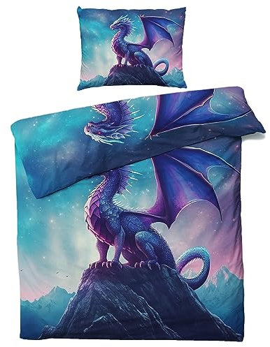 MOBEITI Fantasy Drache Bettwäsche 135x200, Sternenhimmel Drachenmotiv Wendebettwäsche, Weiche Kuschelige Mikrofaser Bettbezug Set 2teilig, 1 Kissenbezug 80x80, mit Reißverschluss