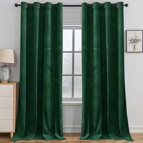 YSTELLAA Rideau Velours Occultant Lot De 2, 140×260cm, Rideau Thermique Isolant Anti Froid Et Chaleur, avec Oeillet, Anti Bruit, Moderne, pour Salon Et Chambre, Vert
